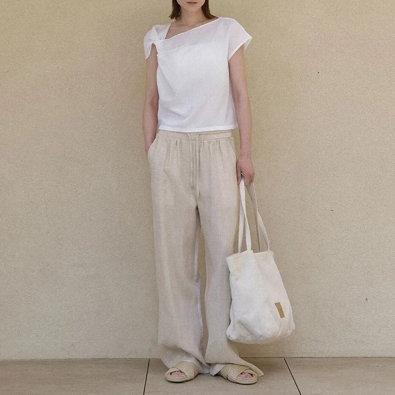 Women's Linen Loose Straight-Leg Full-Length Pants with Drawstring Waist and Practical Pockets
