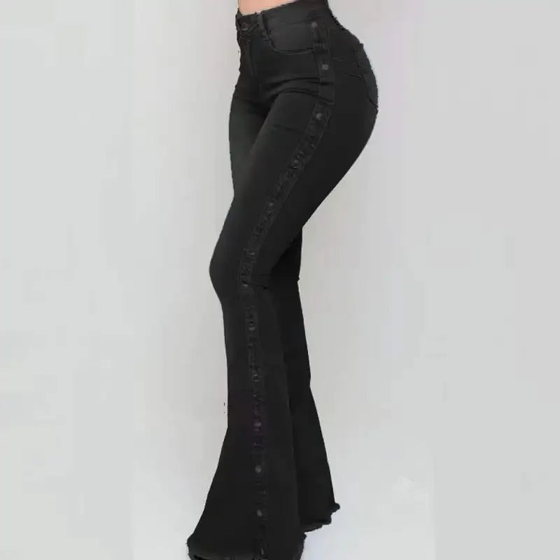 Women's Decorative Button Flared Leg Denim Jeans For Everyday Outfits
