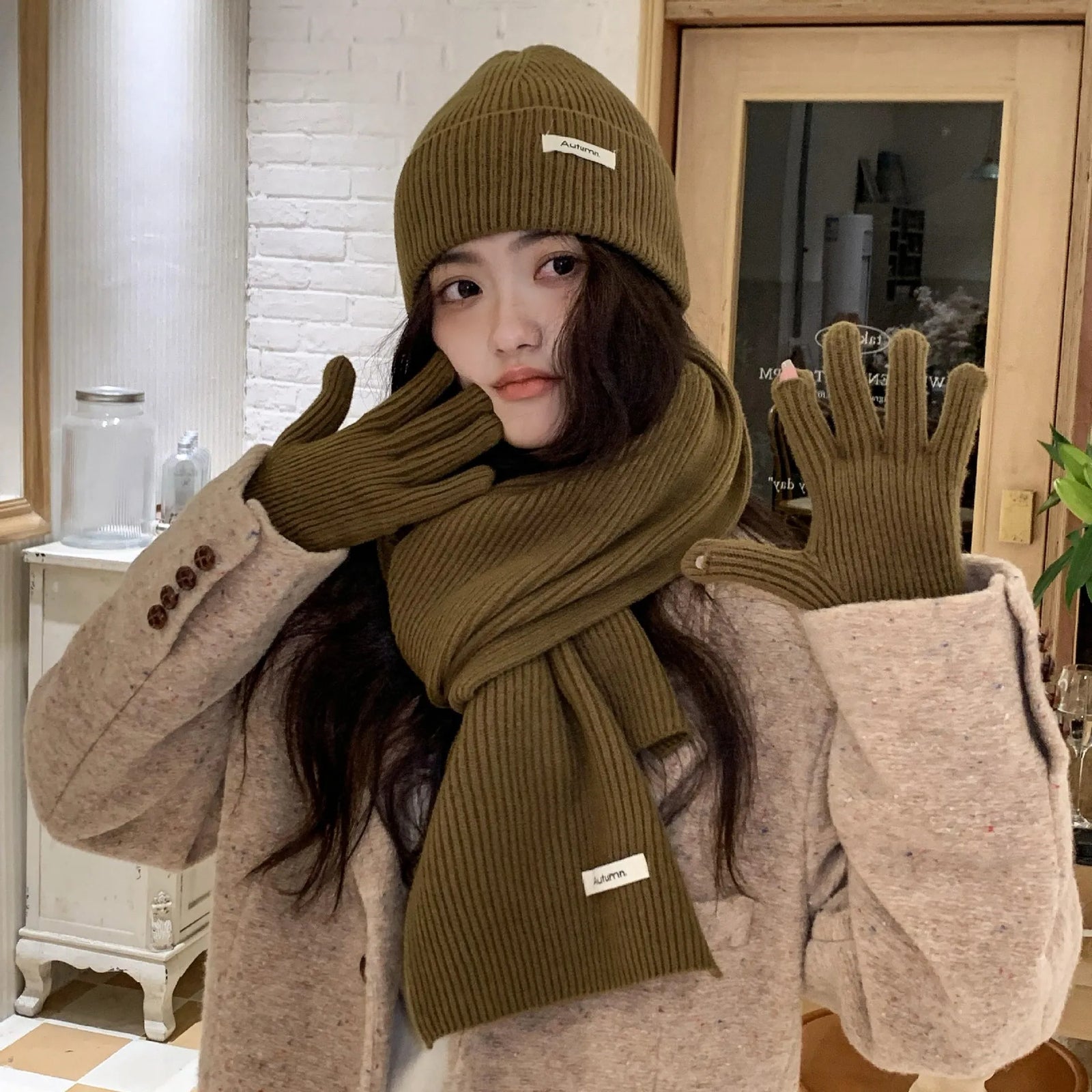 Women's Knitted Hat Scarf and Touchscreen Gloves Set for Winter Wear