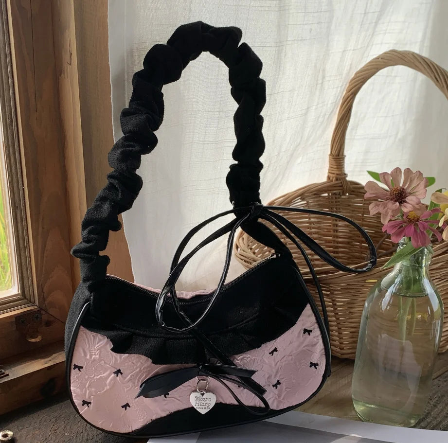 Ribbon Shoulder Handbag with Gathered Handle and Decorative Lace