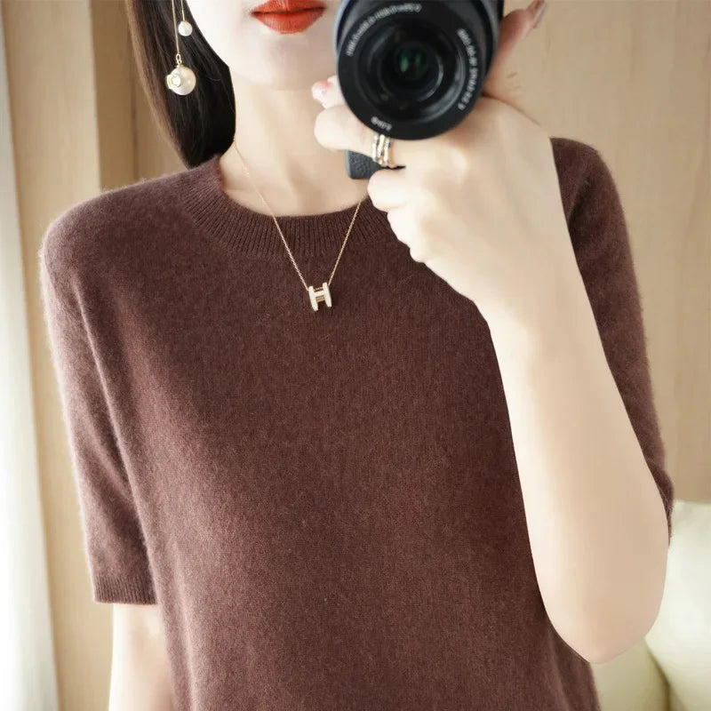 Women's Crew Neck Short Sleeve Sweater Casual Knit Layer