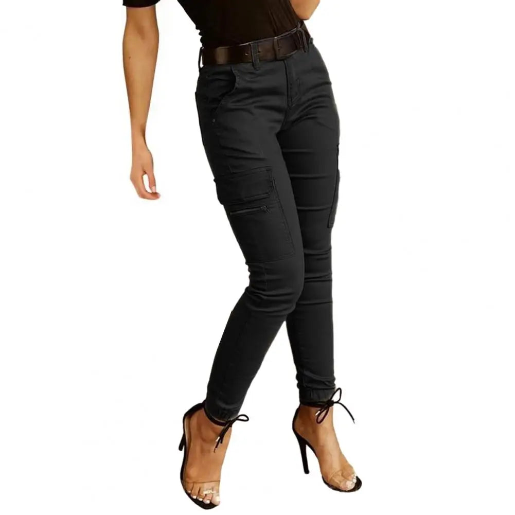 Women's Slim Cargo Pants with Button Fastening and Side Zip Pockets