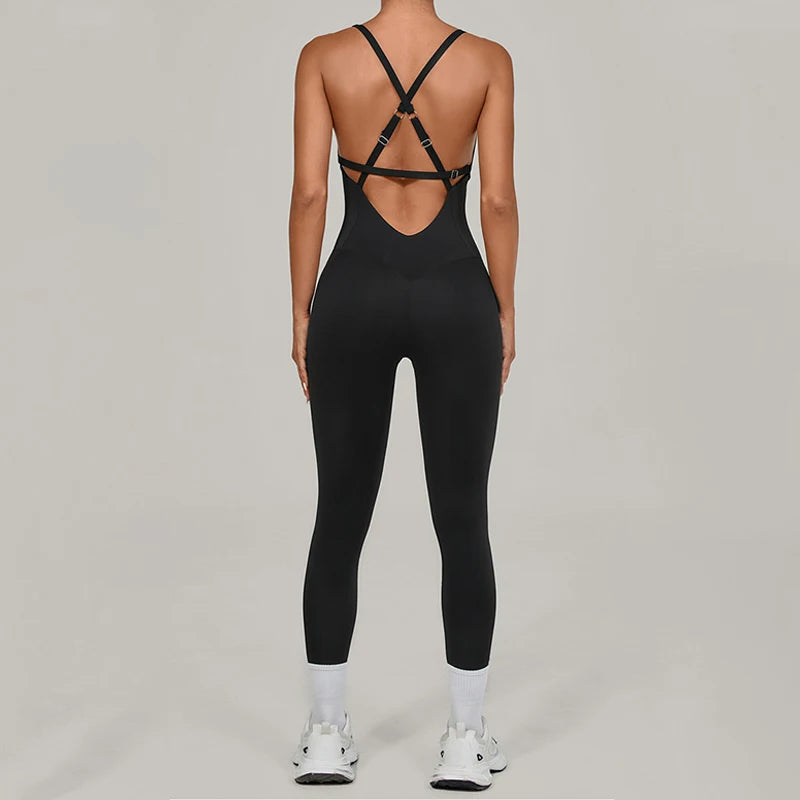 Women's Thin Strap Nylon Blend Workout Jumpsuit with Crisscross Back