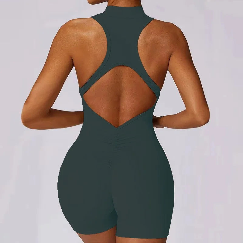 Women's Zip-Front Open-Back Workout Romper