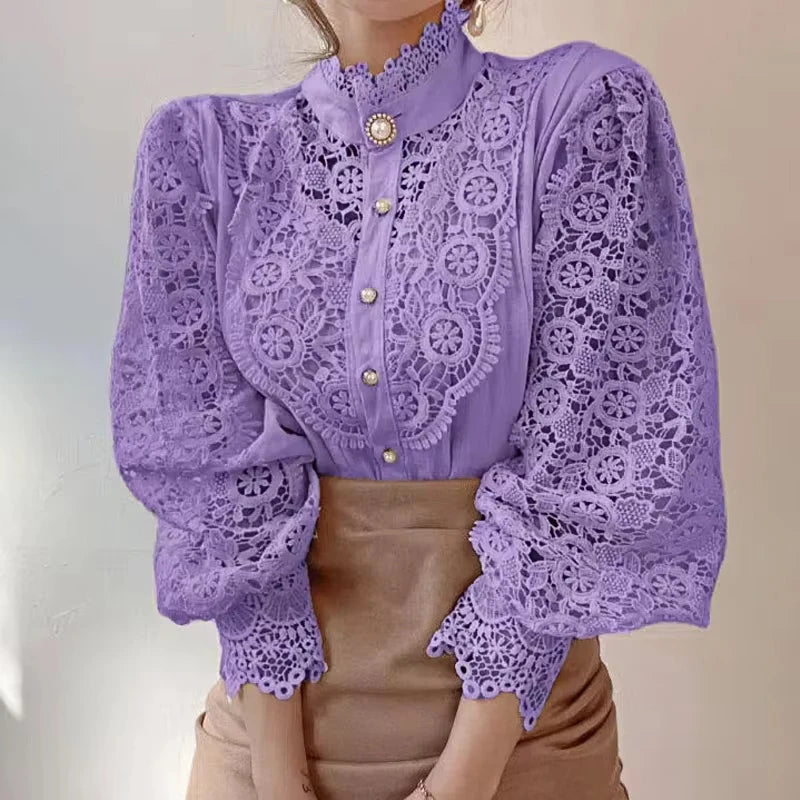 Women's Lace Stand Collar Long Sleeve Button Front Blouse