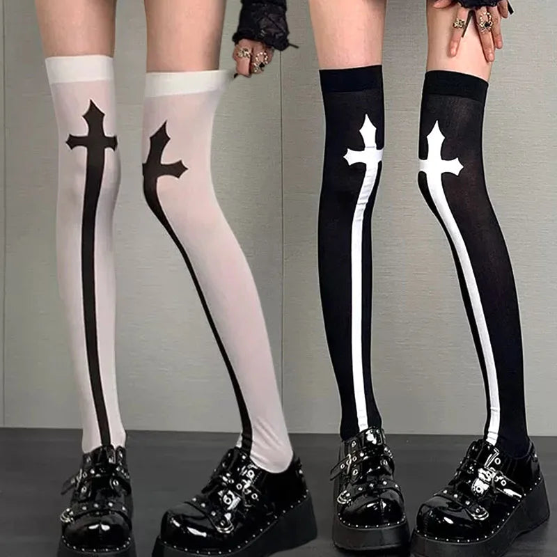 Cross Pattern Thigh High Stockings with Contrasting Cuff Design