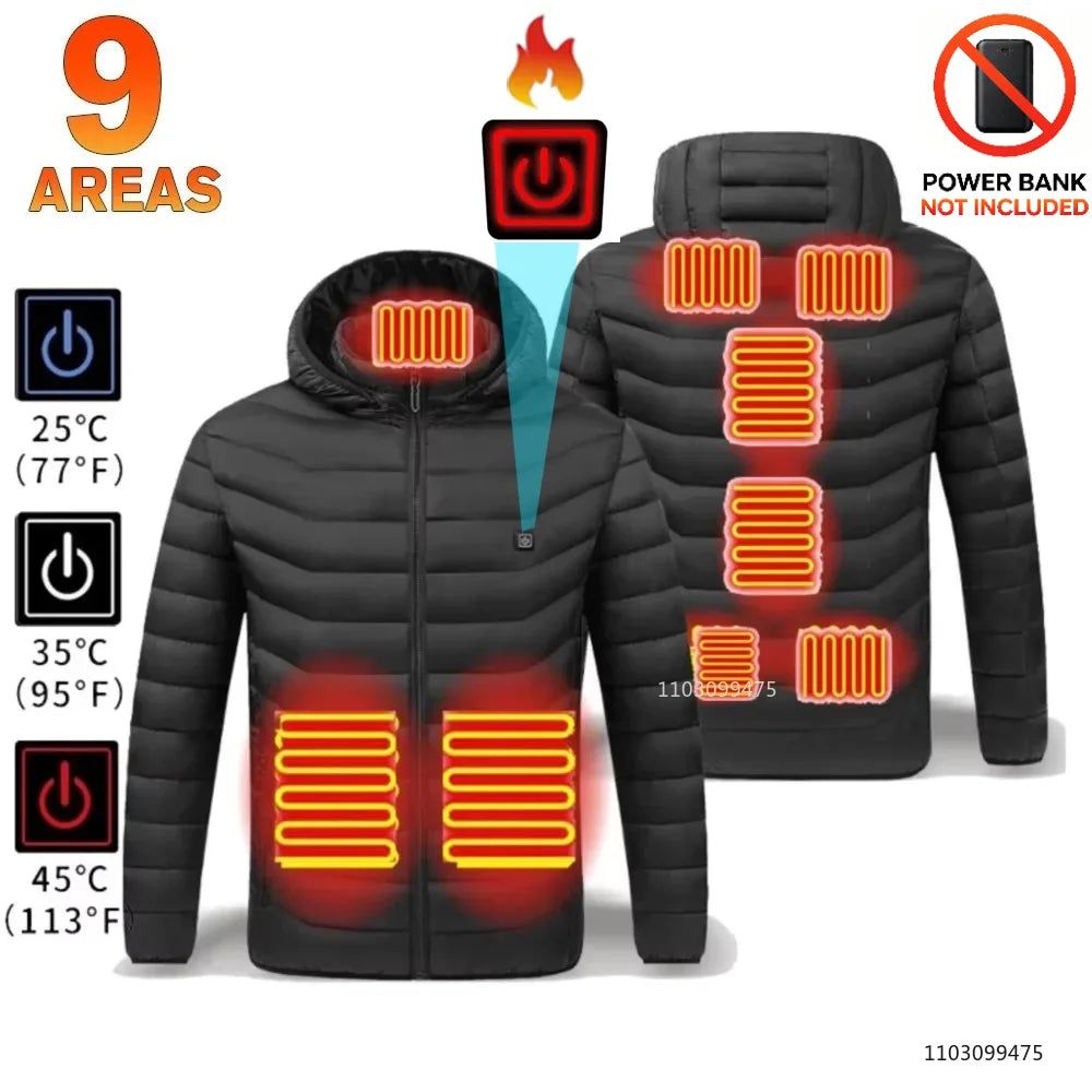 USB Heated Hooded Full Zip Long Sleeve Outdoor Jacket