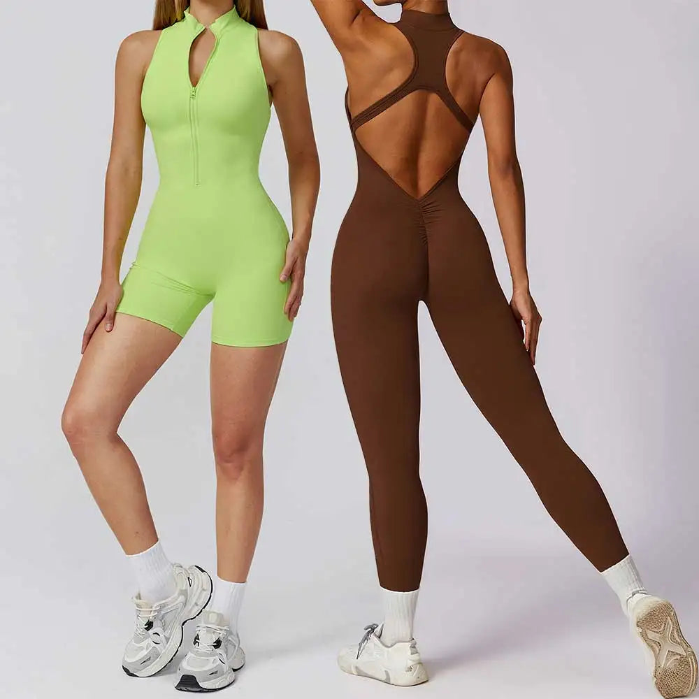 Women's Halter Neck Nylon Blend Workout One Piece with Zipper and Length Options