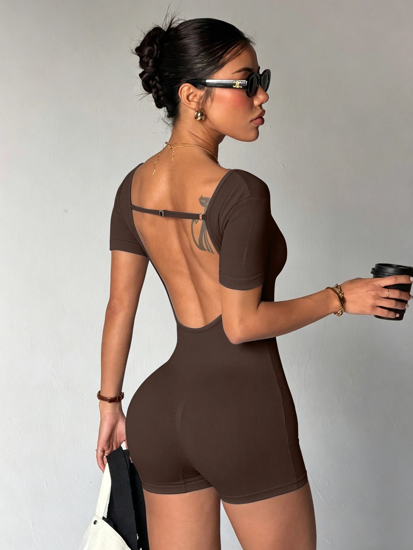 Women's Open Back Nylon Blend Romper with Short Sleeves