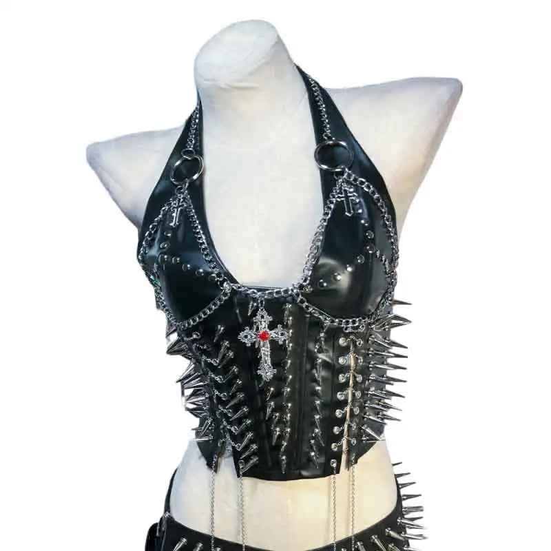 Women's Studded Crop Top with Decorative Spikes and Lace-Up Side Detailing