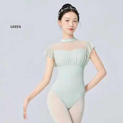 Women's Short Sleeve Ballet Leotard with Ruffled Mesh and Open Back