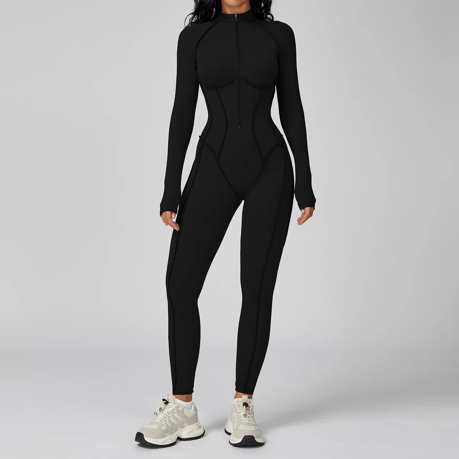 Women's Long Sleeve Nylon Blend Zip Front Workout Jumpsuit with Contour Seams