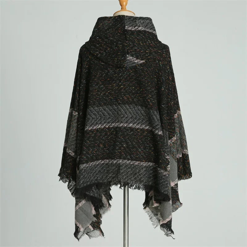 Hooded Stripe Fringe Poncho for Layering over Outfits