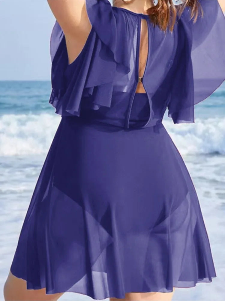 Women's Flutter Sleeve Printed Skirted Swimdress Bathing Suit