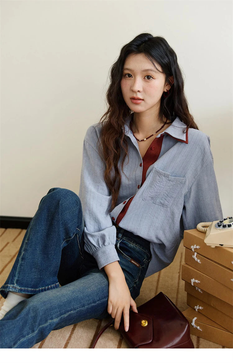 Women's Striped Shirt with Contrast Collar and Buttons