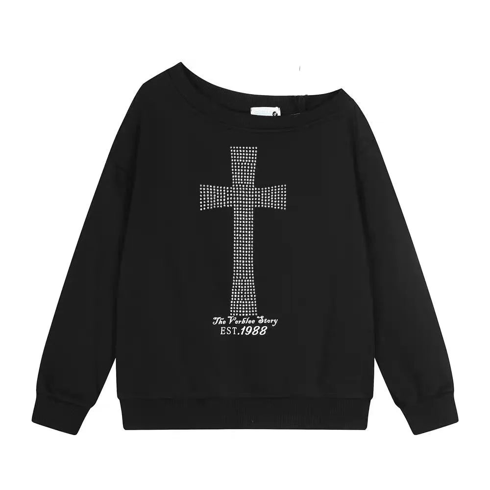 Cross Graphic Off Shoulder Long Sleeve Casual Pullover Sweatshirt