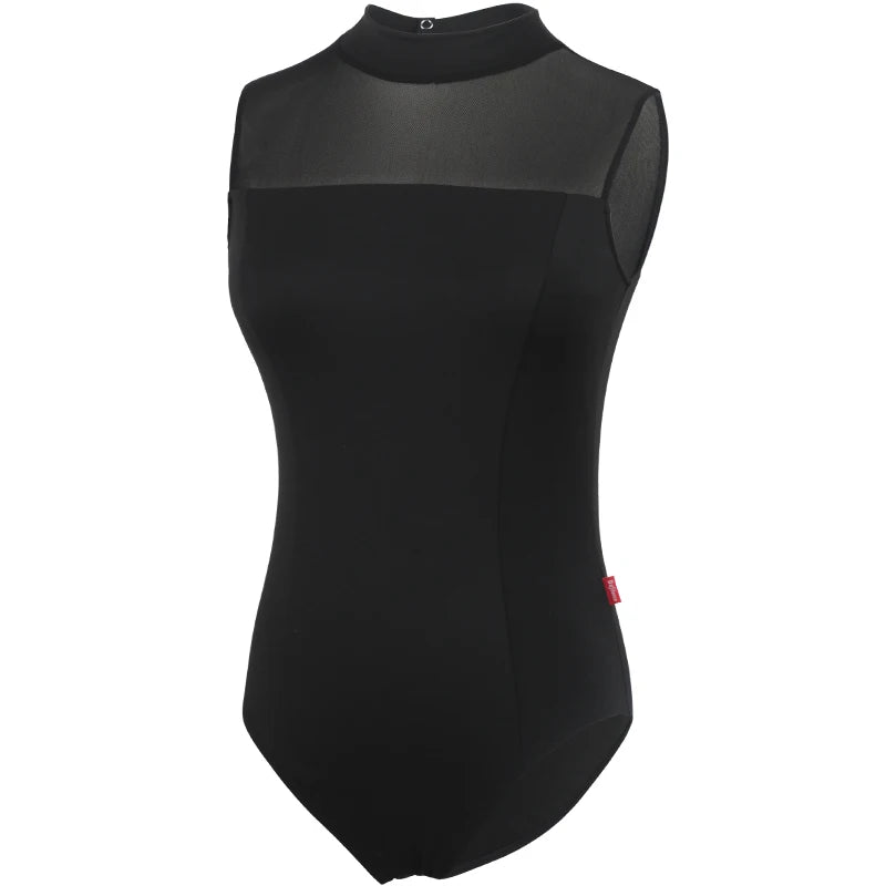 Women's Sleeveless Mock Neck Ballet Leotard with Mesh and Back Cutout