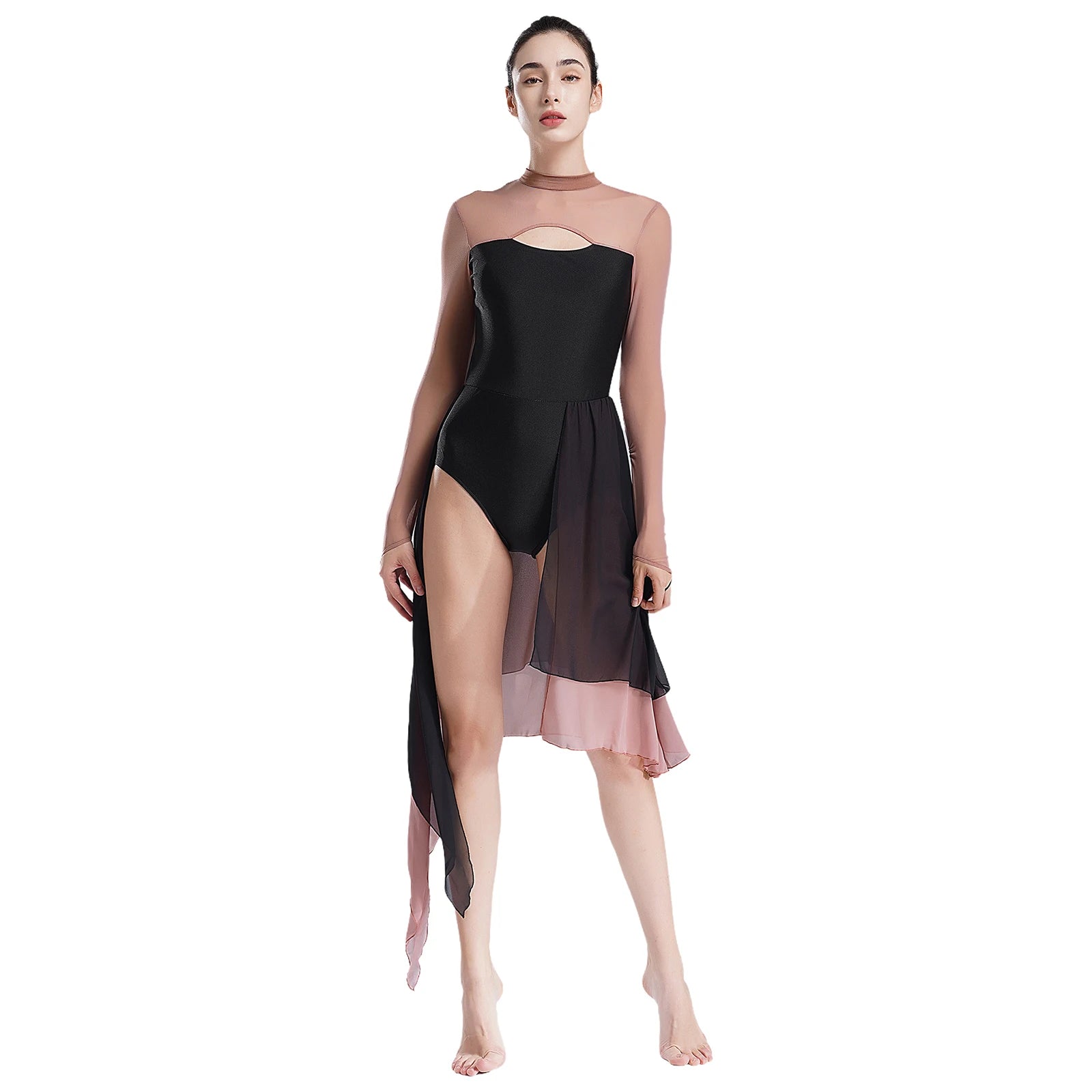 Women's Long Sleeve Rhinestone Dance Dress with Open Back and Split Skirt