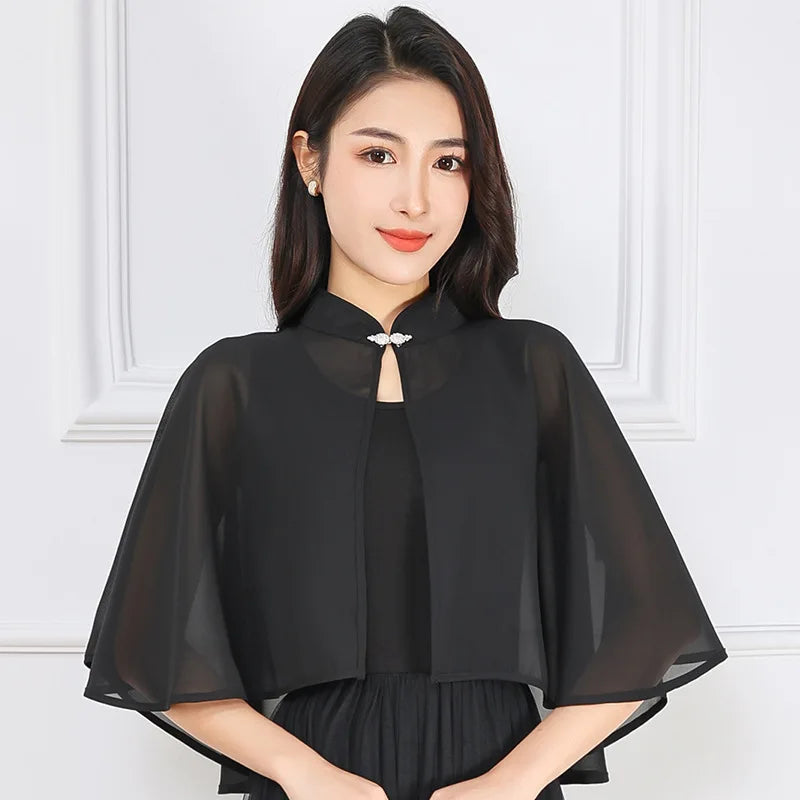 Clasp Front Chiffon Capelet for Layering over Dresses and Tops