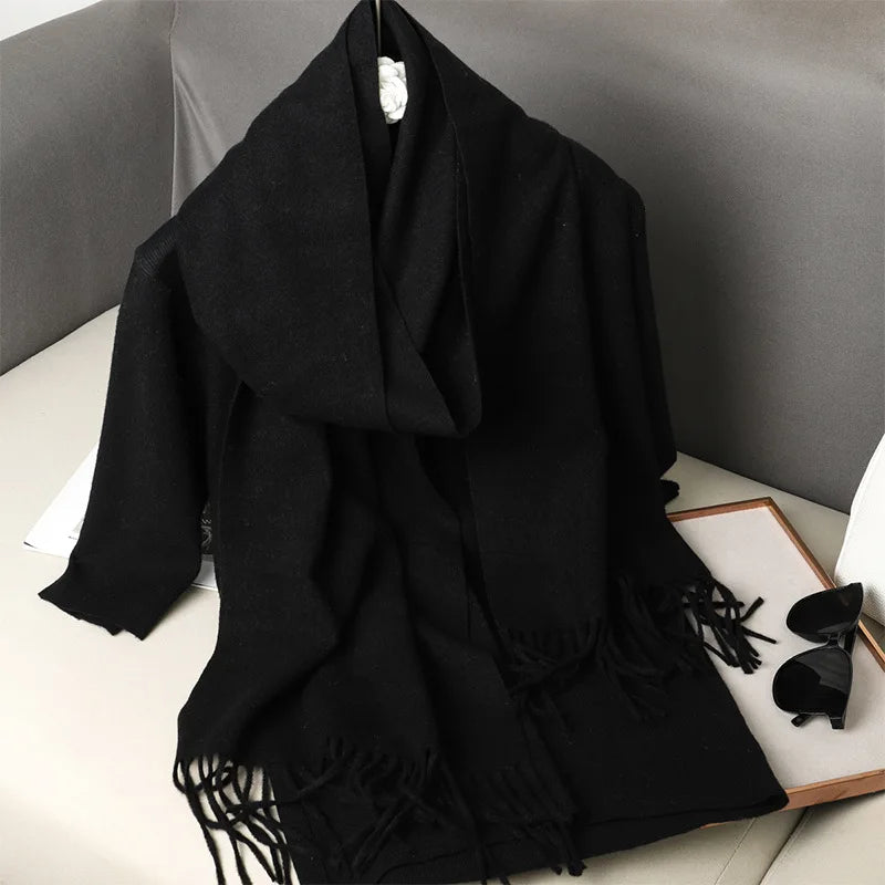 Solid Long Rectangular Scarf with Decorative Fringe Trim