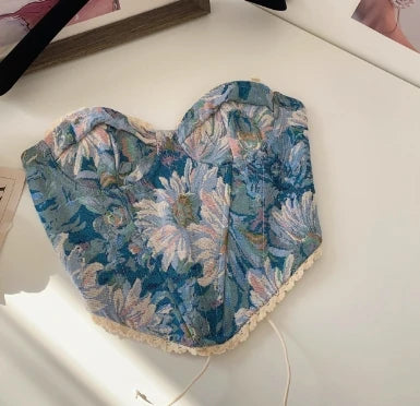 Women's Floral Tapestry Print Polyester Bustier Crop Top with Lace Up Back