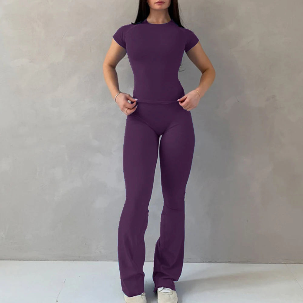 Women's Tee And Flared Bottoms Yoga Set For Workout Outfits