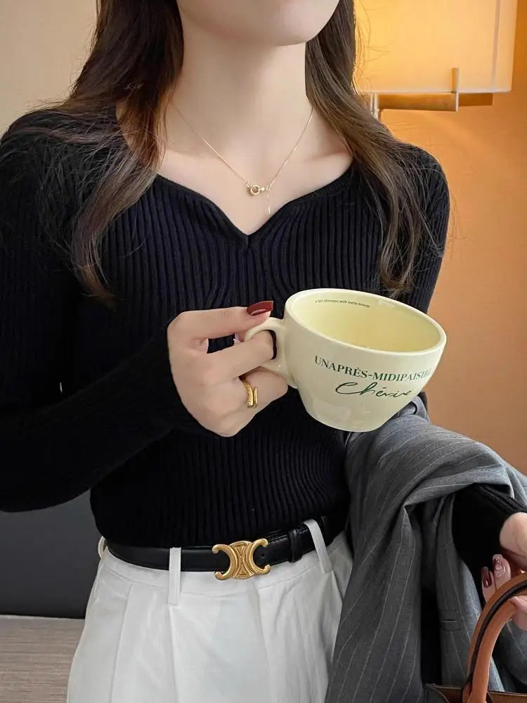 Women's Sweetheart Neck Fitted Rib Sweater Casual Knit Layer