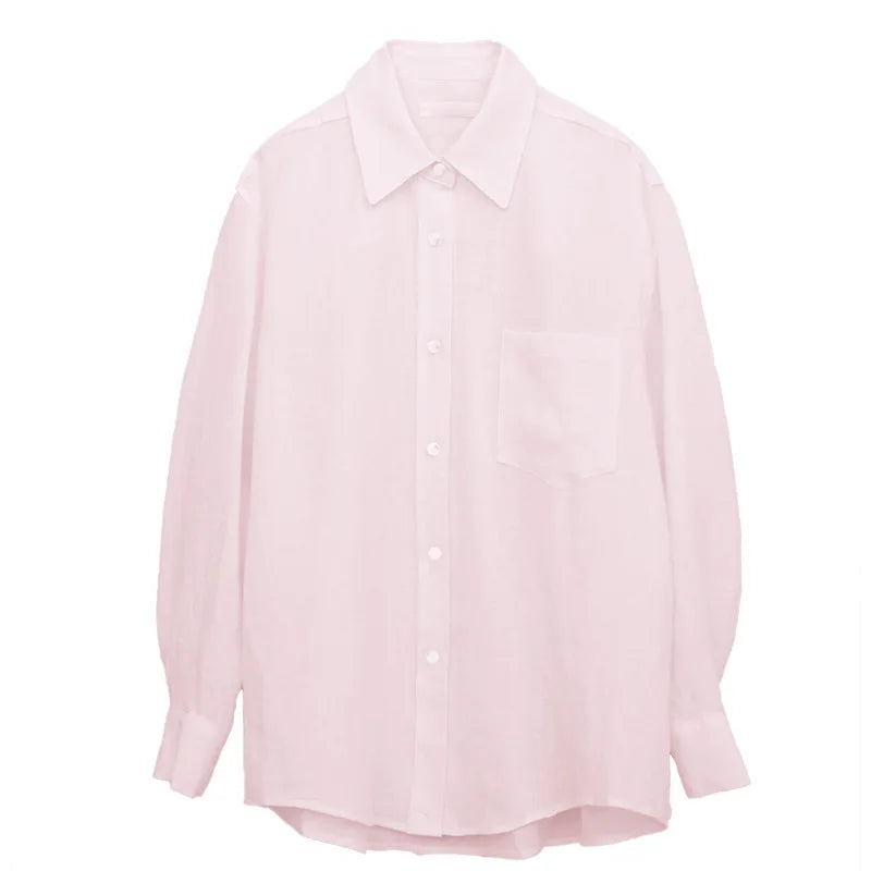 Women's Linen Long-Sleeve Loose Collared Button-Up Shirt for Casual Summer Everyday Outfits