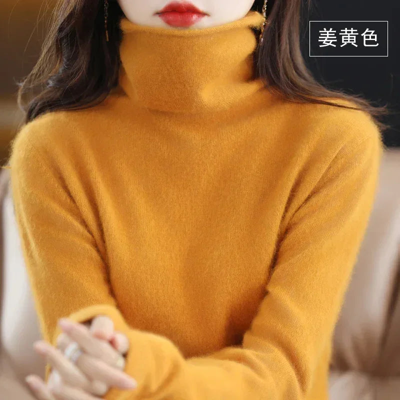 Women's Fluffy Roll Neck Long Sleeve Sweater Casual Knit Layer