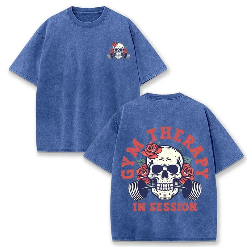 Gym Therapy In Session Skull Rose Print Vintage Washed Workout T Shirt