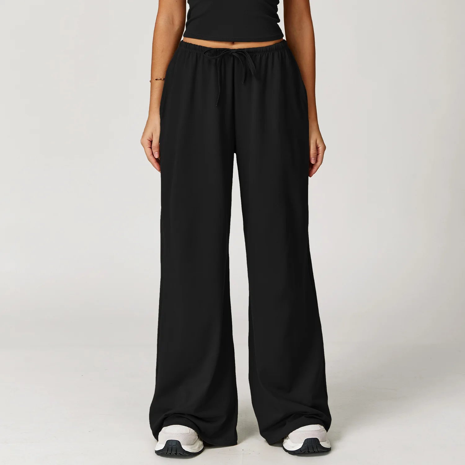 Women's Drawstring Waist Polyester Blend Palazzo Pants with Loose Wide Legs