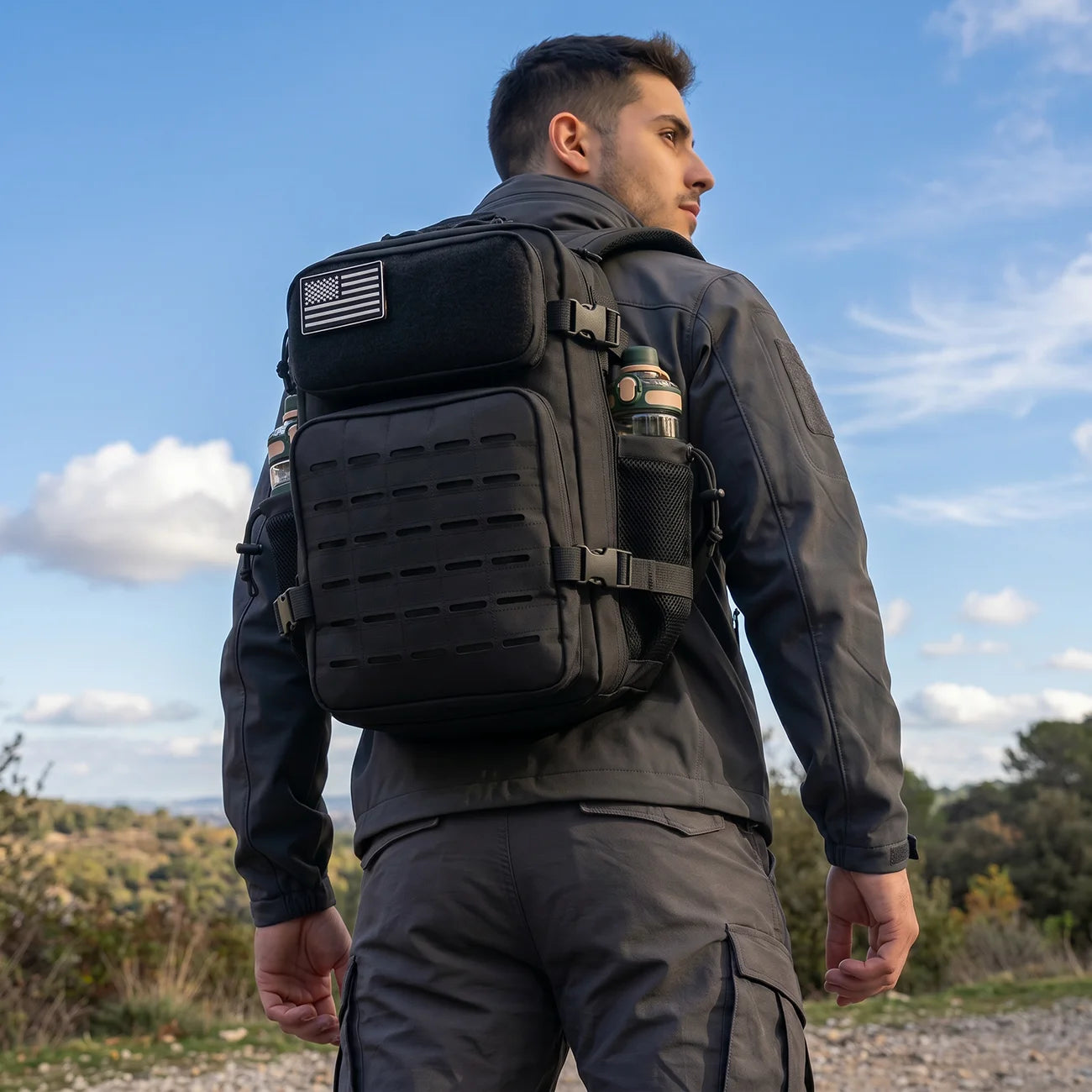 Tactical Travel Backpack with Front Webbing Panels and Side Bottle Pockets