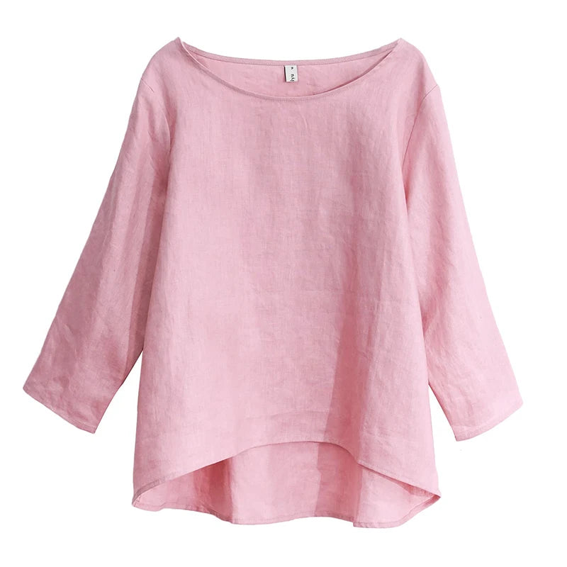 Women's Linen Loose Round-Neck Three-Quarter-Sleeve Blouse with Asymmetric Hem for Summer Outfits