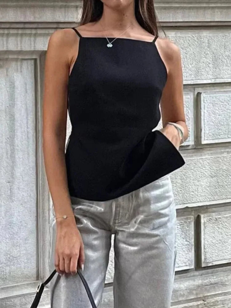 Women's Square Neck Camisole with Thin Straps and Lace-Up Back Detailing
