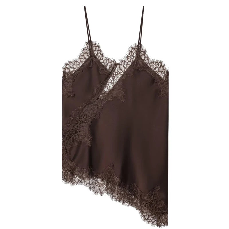 Women's Asymmetric Satin Camisole with Lace Trim and Thin Shoulder Straps