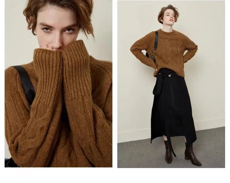 European autumn and winter cashmere sweater women's crewneck twist sweater loose cover to wear pure wool knitted bottom thick