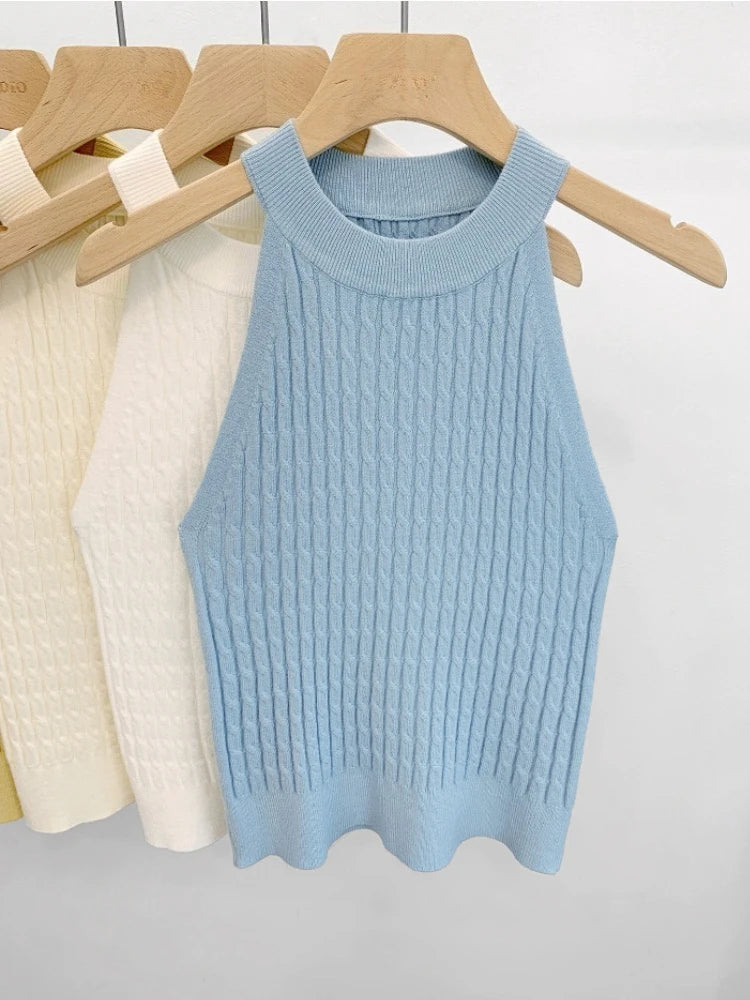 Women's High Neck Ribbed Polyester Crop Tank Top with Sleeveless Cut