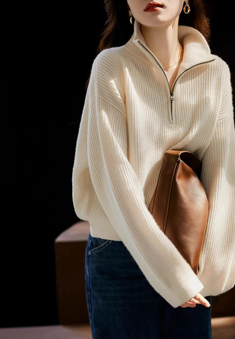 100% pure cashmere sweater women's half zip stand collar thick loose lapel pullover sweater
