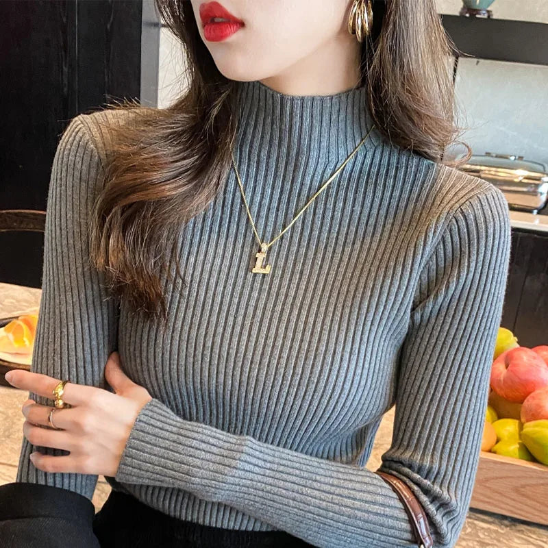 Women's Ribbed Mock Neck Long Sleeve Sweater Casual Knit Layer