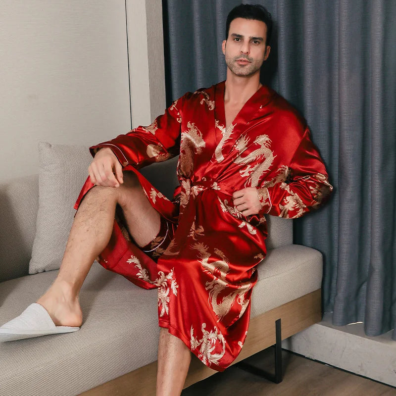 Men's Dragon Print Satin Long Sleeve Tie Waist Bathrobe