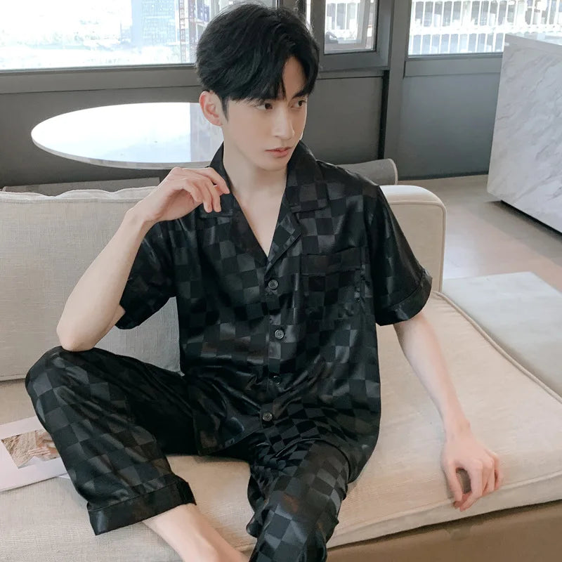 Men's Printed Lapel Button Front Shirt and Pants Pajama Set