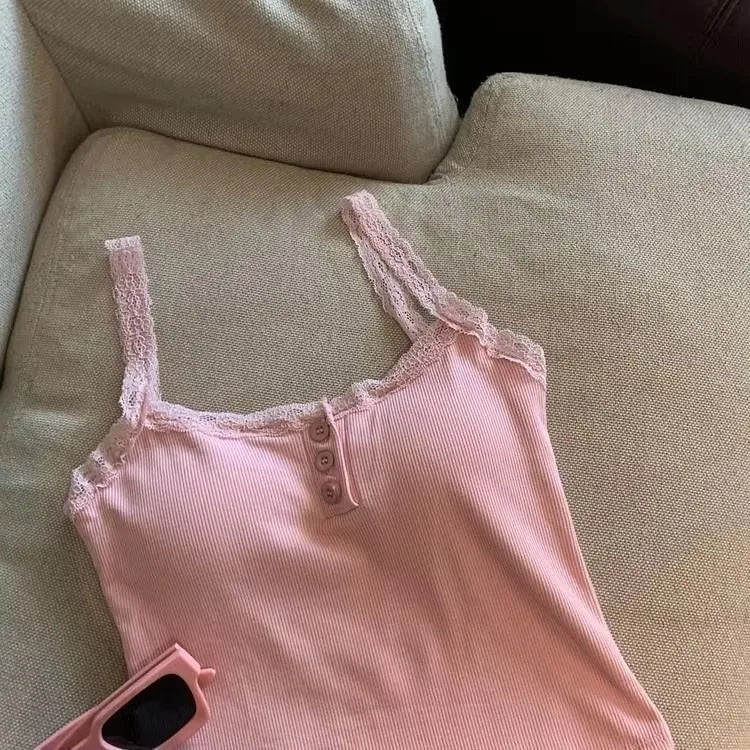 Women's Knitted Camisole with Lace Trim and Thin Shoulder Strap Design
