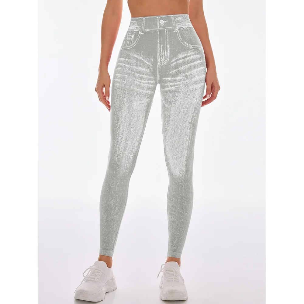 Women's Denim Look Full Length Leggings For Workout Outfits