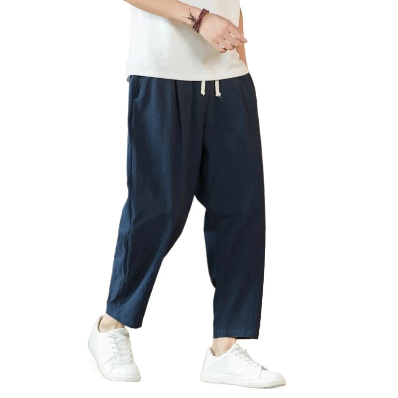 Men's Relaxed Cotton Drawstring Pants with Ankle-Length Harem Silhouette