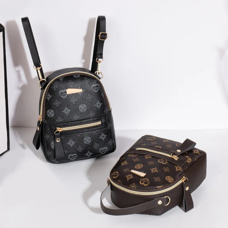 Printed Mini Backpack with Front Zipper Pocket and Multiple Carry Options