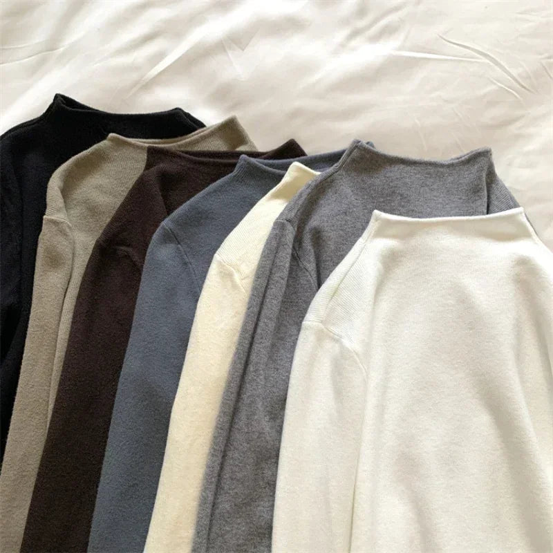 Women's Plain Mock Neck Knit Sweater Casual Knit Layer