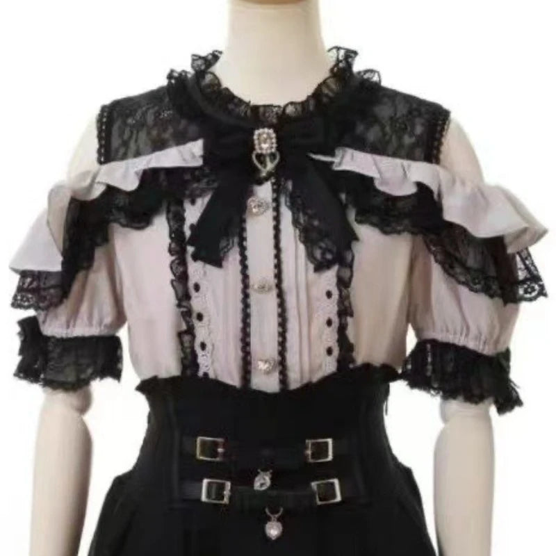 Women's Lace Trim Sailor Collar Short Sleeve Blouse
