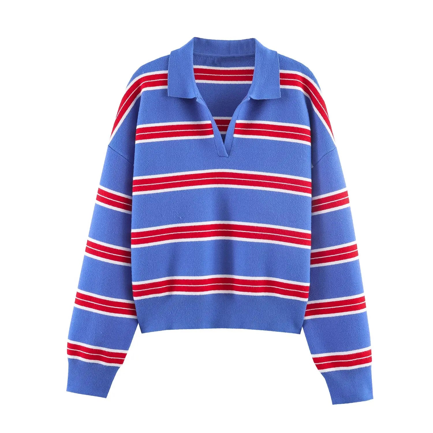Women's Striped Polo Collar Loose Fit Sweater Casual Knit Layer