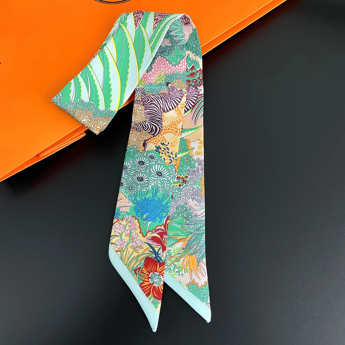 Colorful Printed Skinny Ribbon Scarf with Tie Ends