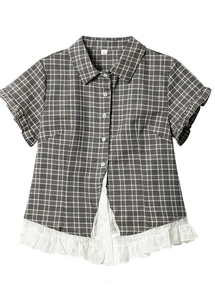 Women's Checked Lace Detail Collared Shirt